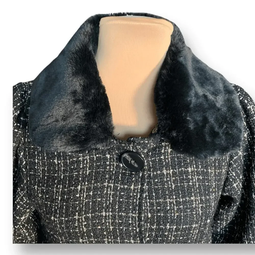 Hazel‎ Anthropologie Black White Tweed Coat Faux Fur Collar Puff Sleeves Small